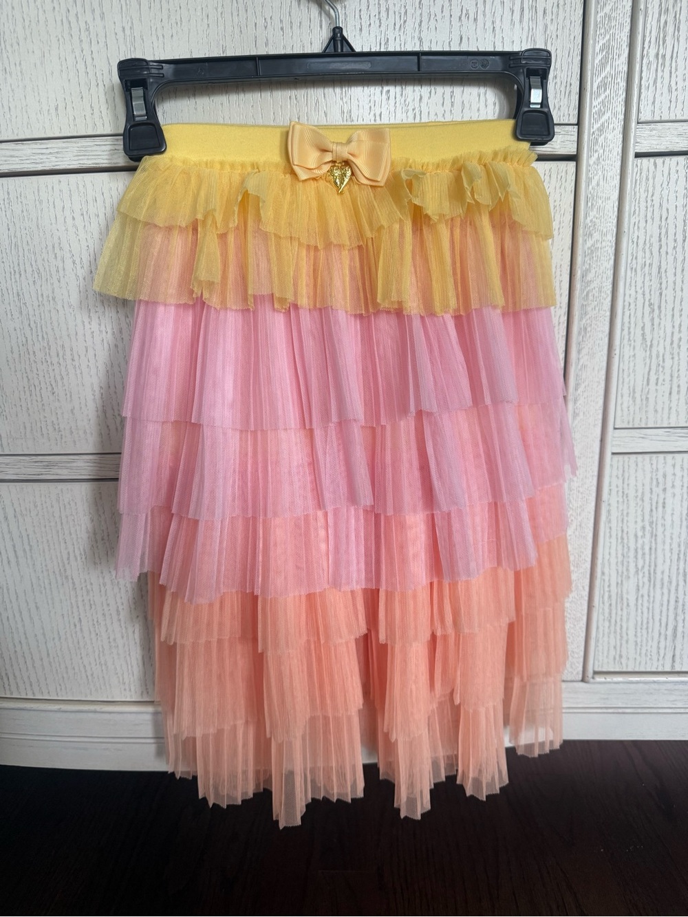 Girls Tiered Tulle Skirt with Yellow Waistband and Pink-Peach Layers